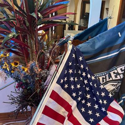 Lot 101: American Flag (60”x28”), Eagles Flag (36”x28”), Decor in Nice Wicker Basket, Eagles Decor
