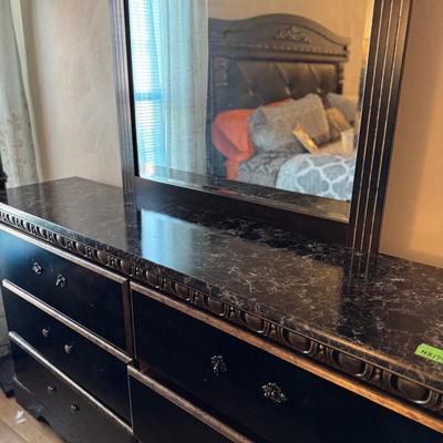 Lot 179:  Brown/Gold Dresser With Ornate Mirror