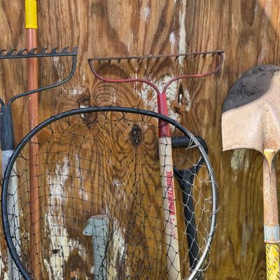 Lot 153: Garden Tools, Broom, Ax, Fishing Net