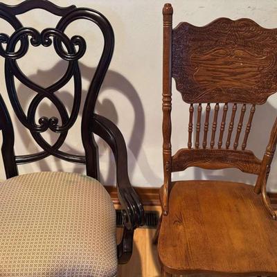 Lot 102: Amish Style Oak Press back Chair And Wood Arm Chair Made In Indonesia