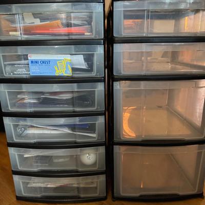 Lot 171:  Two Plastic Storage Drawer Units (24”c12”), DVD Player, Notebooks, Grab Bar, Fan, Door Sto