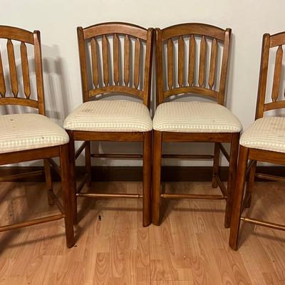 Lot 303: Set of 4 Bar-Height Slat-Back Chairs with Upholstered Seats