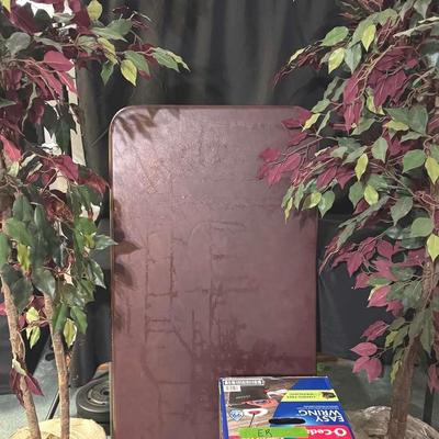Lot 131: Two Faux Trees (71”), New O-Cedar Hands Free Spin Mop System, Folding Table (48x24)