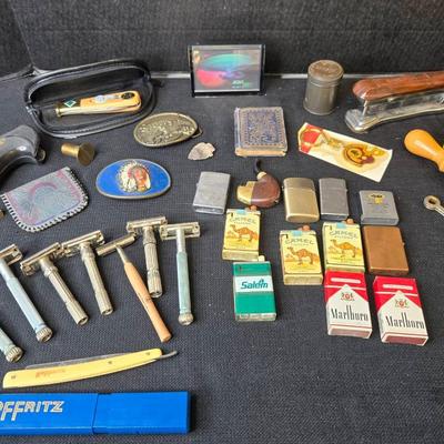 Vintage Razors, Buckles, Lighters, Pocket Knife