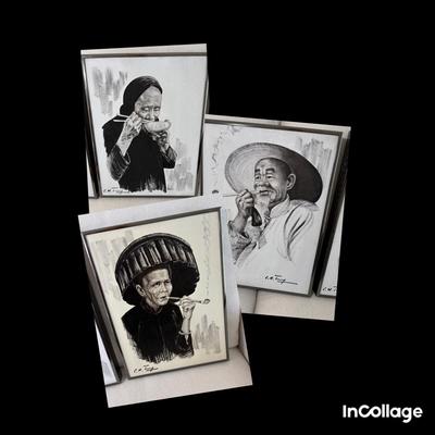 3 Signed Asian Art Paintings On Canvas 