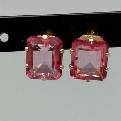 Emerald Cut Pink Topaz Earrings Set In 14k Gold 