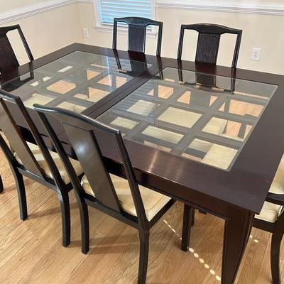 Asian Motif Wood & Glass Top Dining Table With 6 Chairs 