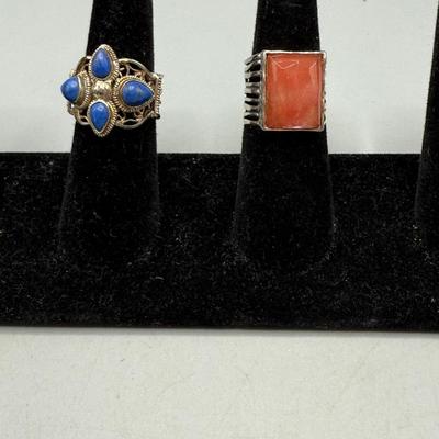 Sterling Silver Wide Banded Rings With Lapis And Orange Stone 