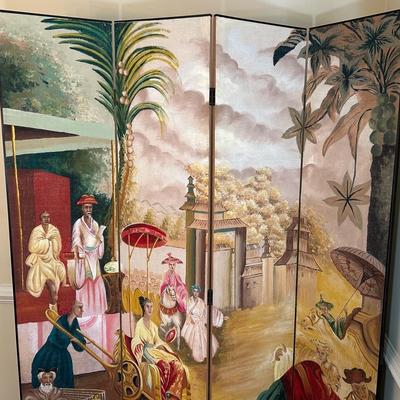 Large Hand Painted Asian 4 Panel Folding Screen 