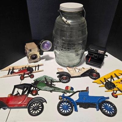 Vintage Gem Dandy Jug, Cameras, Metal Airplane Cars Art