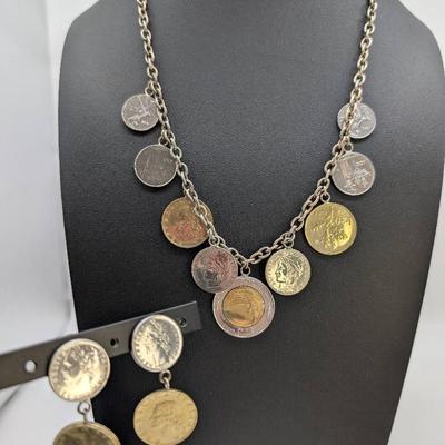 Sterling Silver & Foreign Coins Necklace & Earrings Set