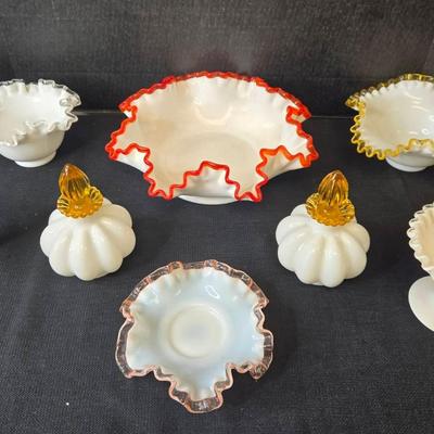 8 Pc Fenton Crest Ruffled Glass Dishes