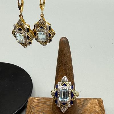 Topaz With Accent Diamonds Set In Sterling Ring And Earrings 