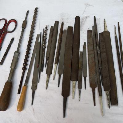 Large Lot Of Wood Files, Drill Bits, Push Drill 