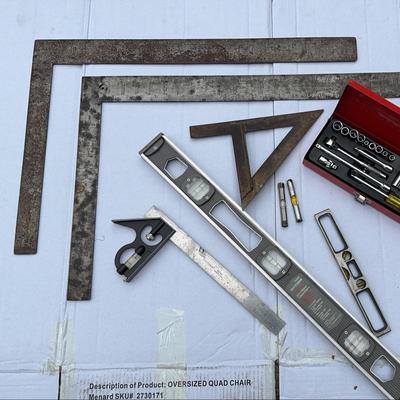 Two 24” L Squares, Craftsman Alum. 24” Level, 12” Square, Torpedo Level, 2 String Level, Socket Set 