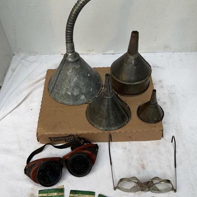 5 Metal Funnels, 2 Vintage Pair Of Safety Goggles With Extra Lenses