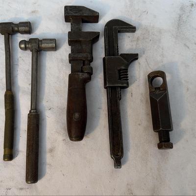 Antique Nut Bolt Splitter, 2 Gunsmith Jeweler Hammers, 2 Adjustable Monkey Wrenches