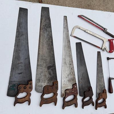5 Vintage Hand Saws, Coping Saw, 2 Hacksaw