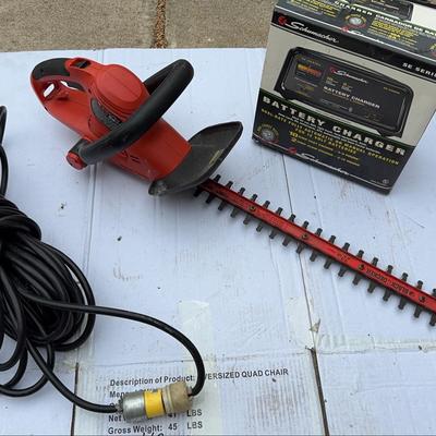 New Schumacher Battery Charger,  B & D 22” Hedge Trimmer, HD Extension Cord