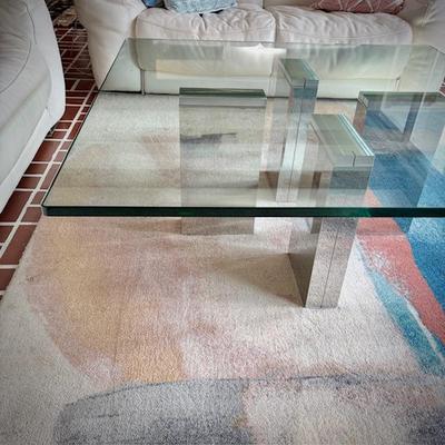 Modern glass and chrome square coffee table and matching end table