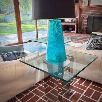 Modern glass and chrome square coffee table and matching end table