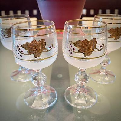Vintage mid-century Bohemian glass decanter and wine glasses