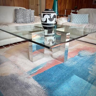 Modern glass and chrome square coffee table and matching end table
