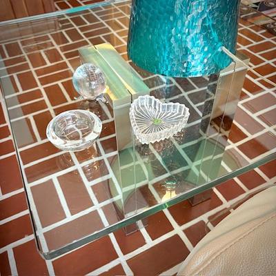 Modern glass and chrome square coffee table and matching end table