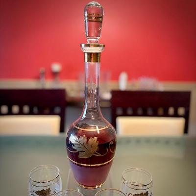 Vintage mid-century Bohemian glass decanter and wine glasses