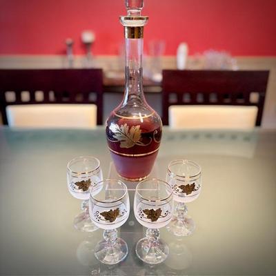 Vintage mid-century Bohemian glass decanter and wine glasses