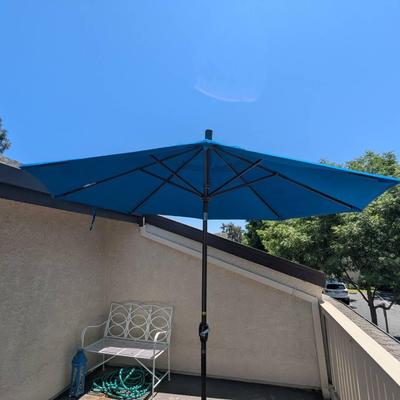10' Blue Patio Umbrella w/ Cast Iron Umbrella Stand