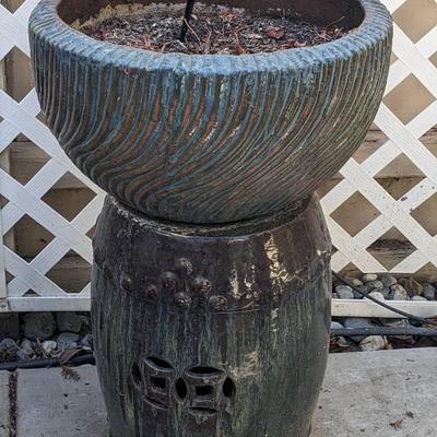 Brown With Teal Glazed Ceramic Pot With Glazed Garden Stool/Stand