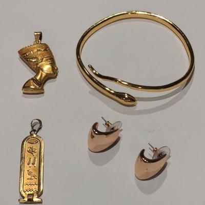 Egyptian Jewelry (Nefertiti Pendant, Cartouche Pendant, & Snake Bracelet) & Rose Gold Tone  Earrings