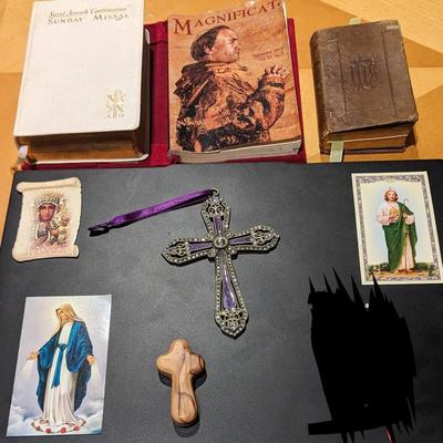 Catholic Devotional Lot (Prayer Cards, Sunday Missal, Manuel Du Chretien, Magnificat, Lenox Cross)