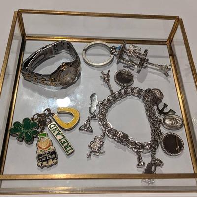 Roc Sterling Bracelet With 11 Charms, Pulsar Two Tone Women's Watch & Keyrings In Glass.Perfime Tray