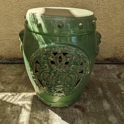 Green Glazed Ceramic Garden Stool- 11"D x 18"H