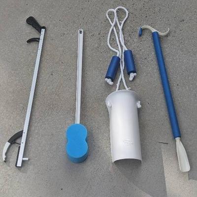 Sock Pull-On Assist, Reacher/Grabber, Dressing Aid Stick & Contoured Bath Sponge w/ 22"Handle