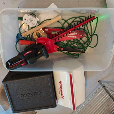 Storage Bin Full Of Both Power And Hand Tools/Coolers