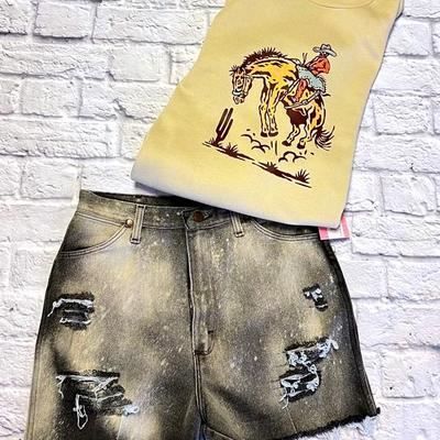NWT “Wrangler” Cut offs & Retro Bronc Crewneck, Perfect for a Night at the Rodeo!