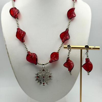 Windsor Red Leaf Necklace & Earring Set