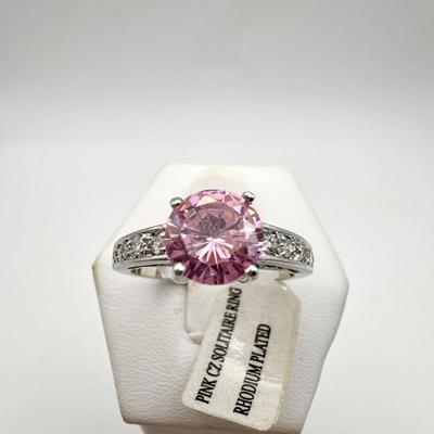 Pink Cubic Zirconia Rhodium Plated Ring Size 9 With Tag
