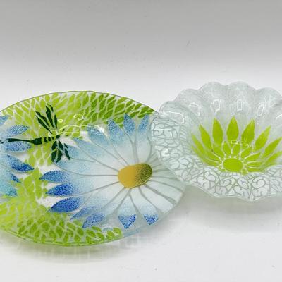 (2) Floral Art Glass Dishes
