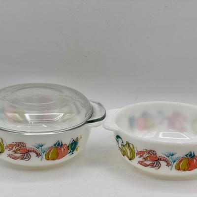 (2) Vintage JAJ Pyrex Lobster pattern casserole dishes