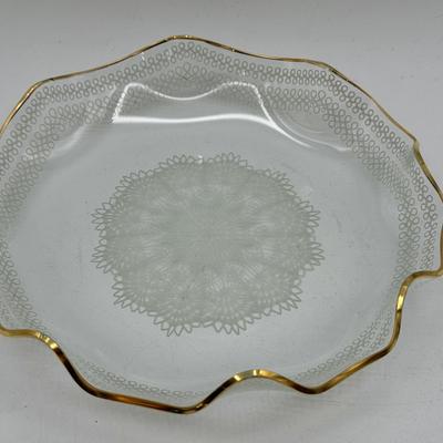 Dish With Doily Pattern And Gold Trim