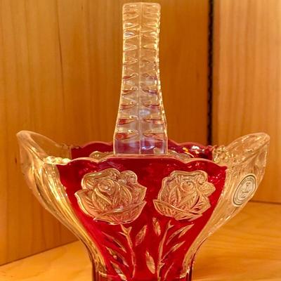 Ruby Red vintage Anna Hutte German 24% lead crystal handled basket W Sticker 
