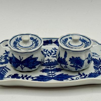 Blue & White Condiment Jars With Tray