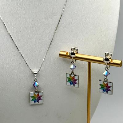 Sterling Silver Necklace W Rainbow Charm & Unstamped Earrings