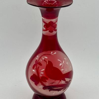 antique Bohemian ruby red glass vase W Cameo Bird