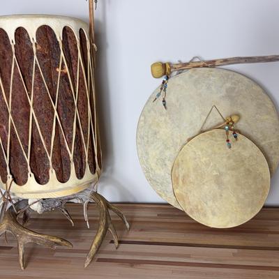 Native American Buffalo Skin Drum Set 