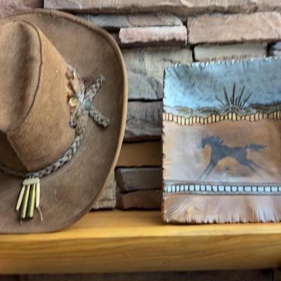 Authentic Leather Western Hat & Glazed Pottery Decorative Bowl 